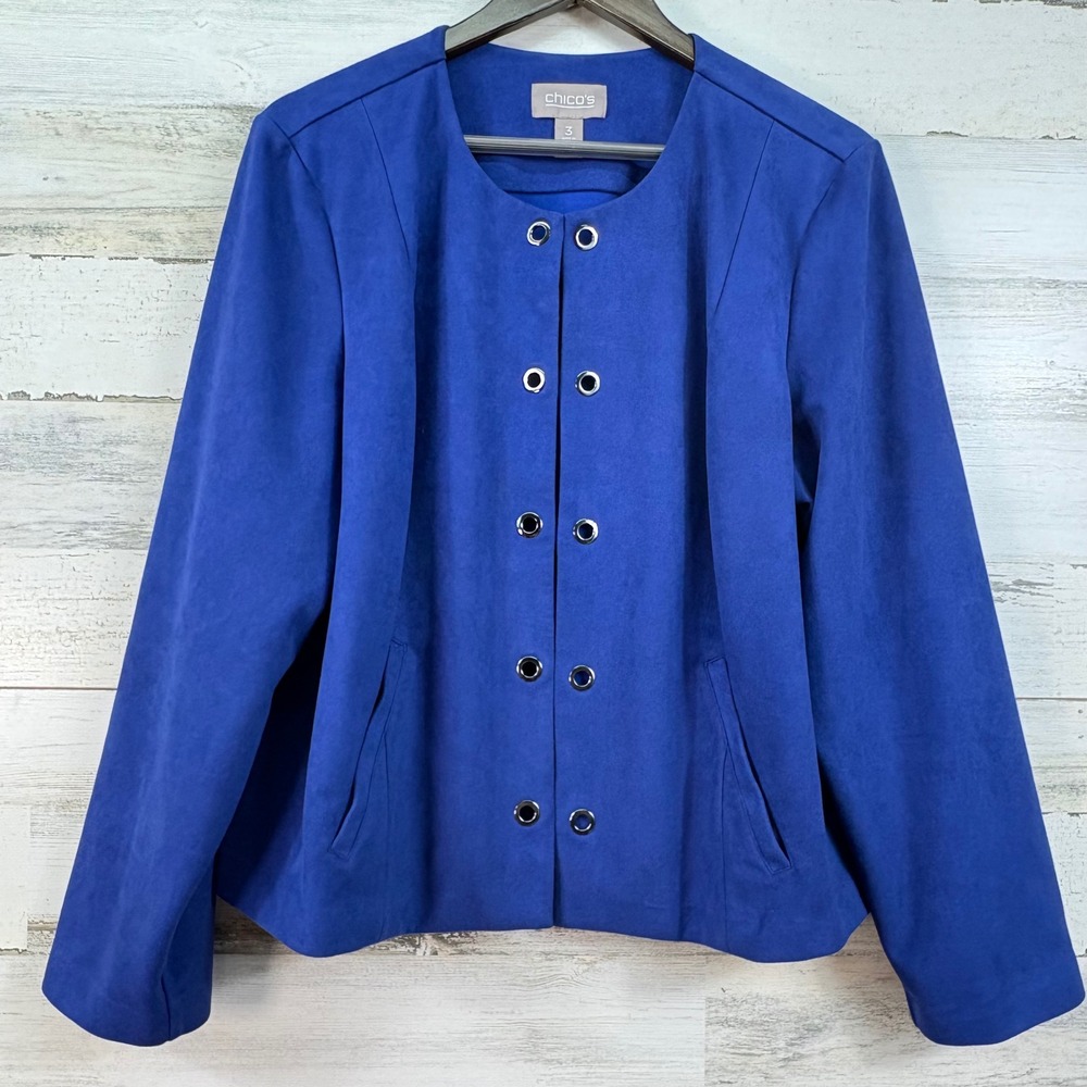 Chicos Cobalt Blue Faux Suede Grommet Open Front Jacket Womens Size 3 XL Large